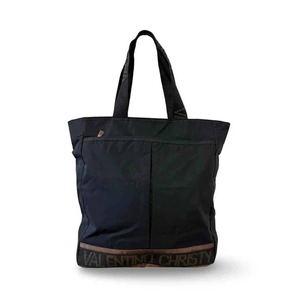Valentino Christy Black Nylon Tote Bag with Logo Border
